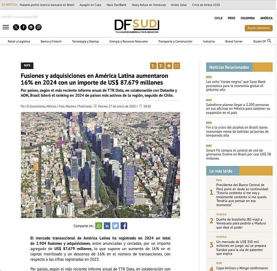 Fusiones y adquisiciones en Am�rica Latina aumentaron 16% en 2024 con un importe de US$ 87.679 millones